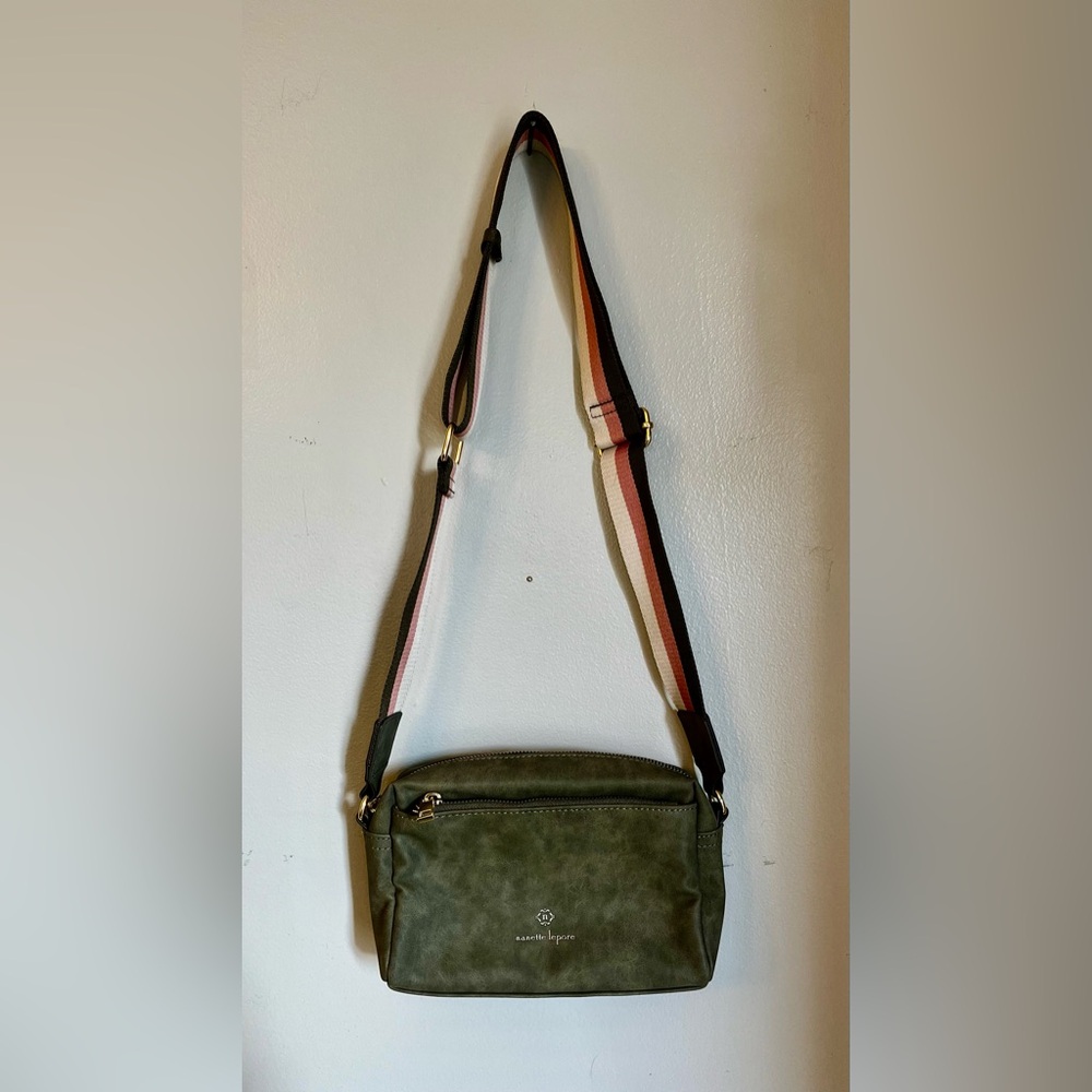 Nanette Lenore Crossbody Bag Purse Olive Green Camera Suede Adjustable Strap